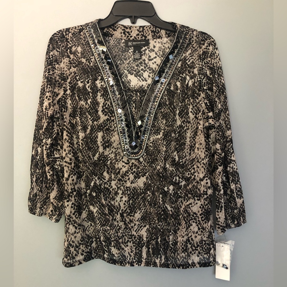 INC International Concepts PM Petite Medium Sheer 3/4 Sleeve Grey Black Top New